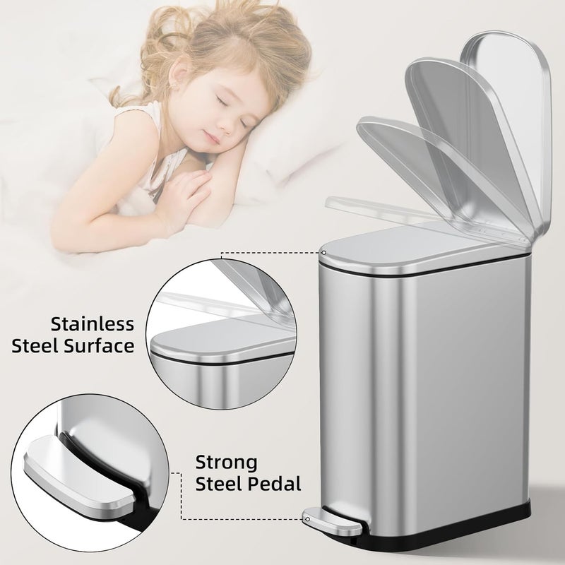 KUK Slim Bathroom Trash Can with Lid, 2.6 Gallon (10 L) Stainless Steel Step Small Garbage Can with Removable Inner Bucket, Soft Close, Anti-Fingerprint Finish (Silver) - Image 4